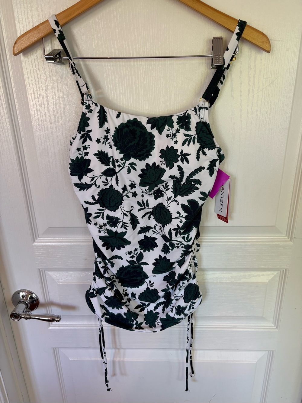 Jantzen White Tankini top only with Dark Green Floral Print